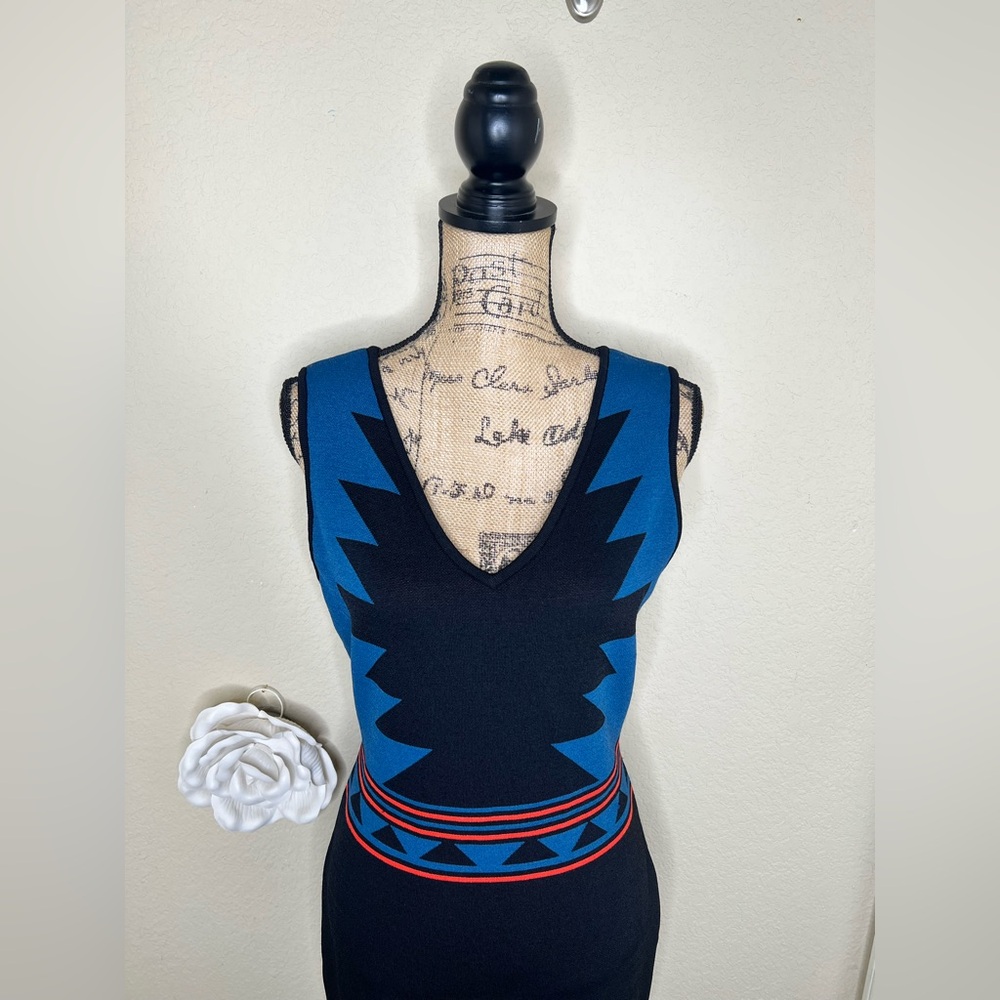 NTM Romeo & Juliet Couture Aztec Bodycon Dress Blue Black Bandage Mini Size L - Picture 4 of 14